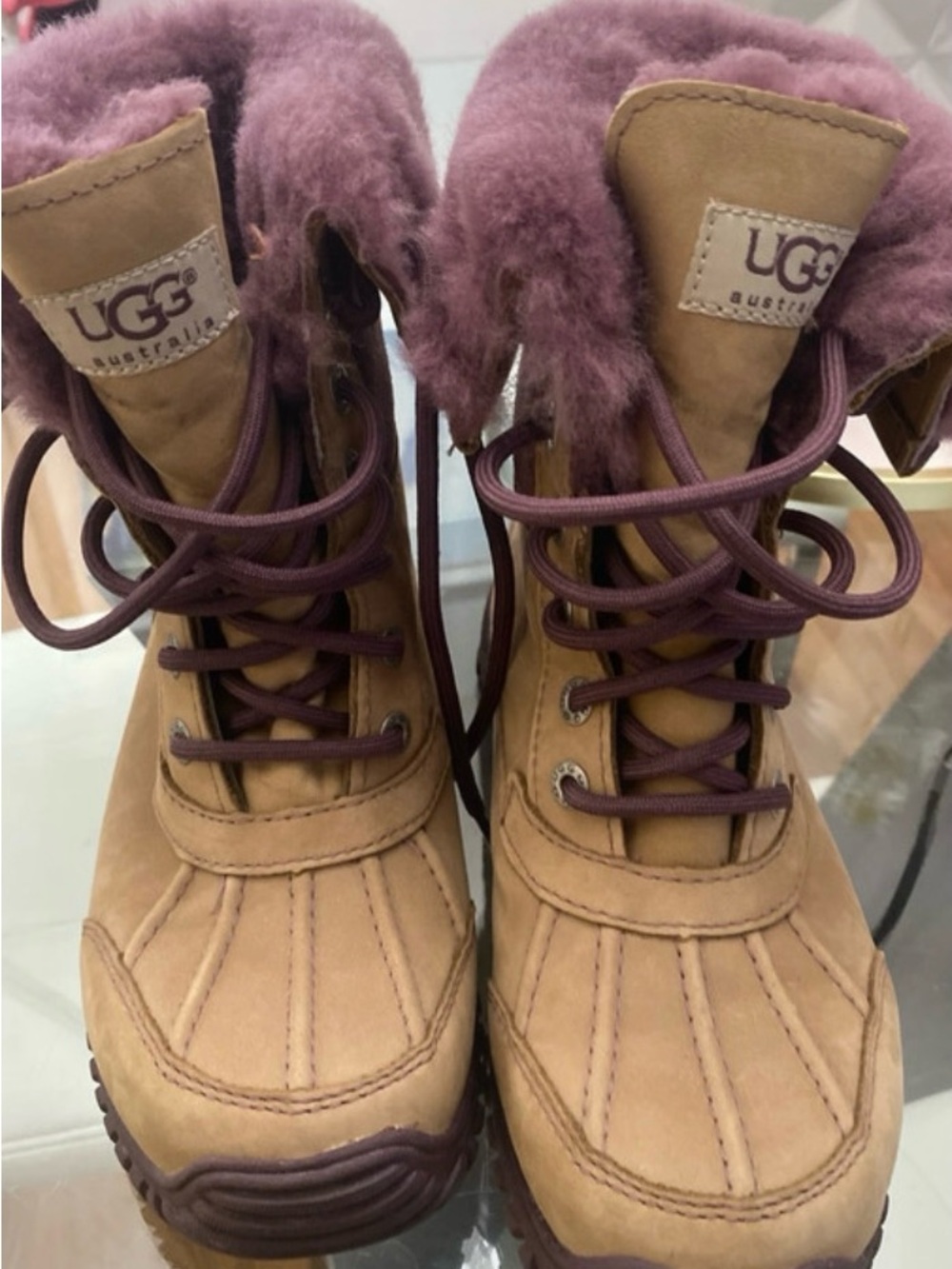 UGG Tan Lace-Up Winter Boots with Plum Shearling Cuff